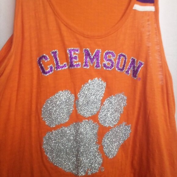 E5 Tank Top L Women Clemson Tigers Racer Back Glitter Orange Purple - Picture 7 of 13